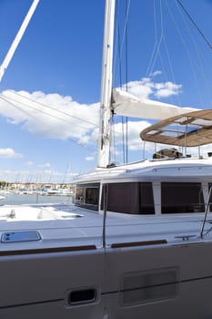 Detail of a modern catamaran sailing yacht in the port of Gruissan in the south of France