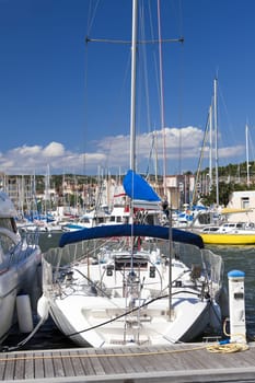 Large modern sailing yacht in the port of Gruissan in the south of France