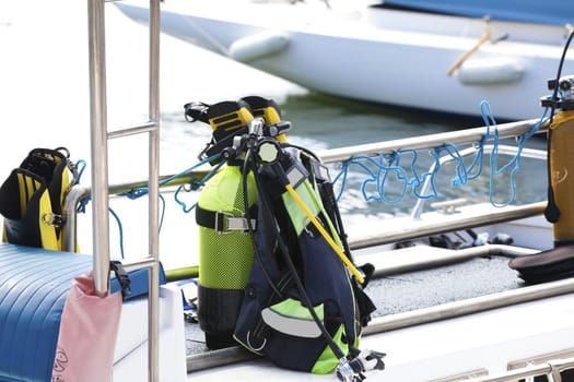 Diving equipment on a sailboat in the port of Gruissan