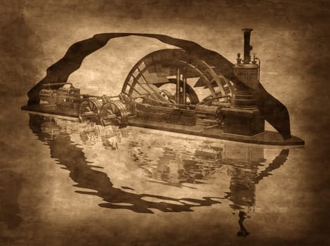 Illustration of a grungy steampunk riverboat on a sepia background