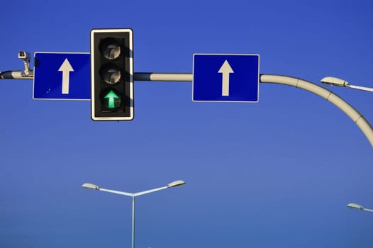 Traffic lights over a blue sky
