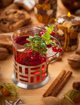 Hot wine punch with cinnamon and cranberry