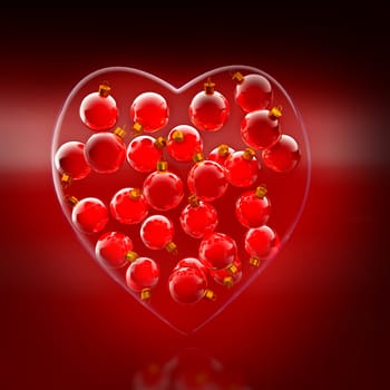Christmas baubles heart shape in red and gold as love concept