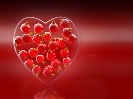Christmas baubles heart shape in red and gold as love concept
