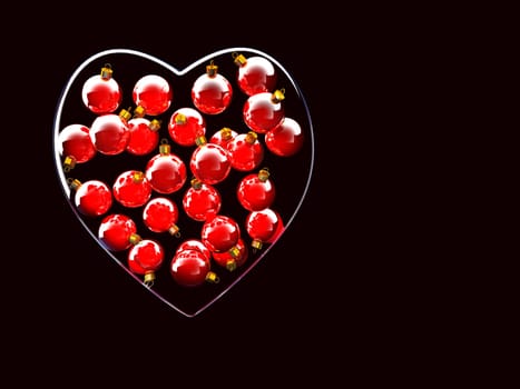 Christmas baubles heart shape in red and gold as love concept