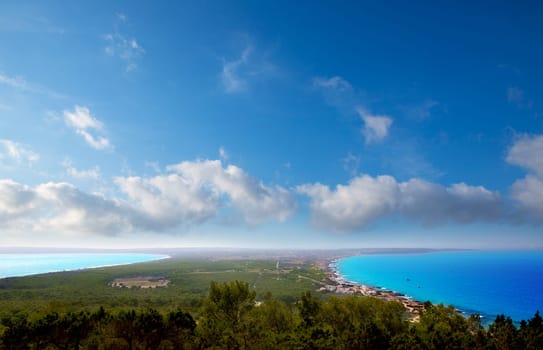 Aerial formentera view with north and south beach unde blue sky