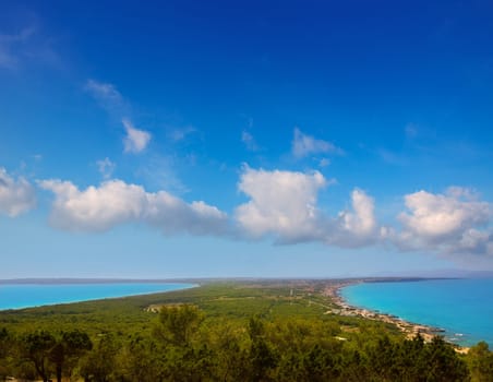 Aerial formentera view with north and south beach unde blue sky