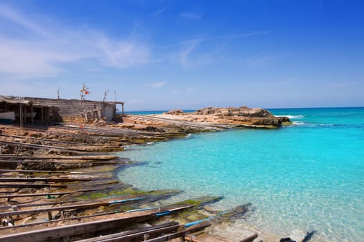 Es Calo port in Formentera with aqua water at Balearic Islands