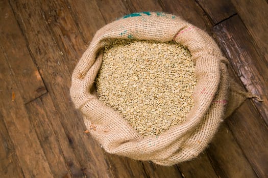 Raw Coffee beans waiting to be roasted still in the Burlap Bag