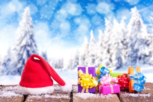 Christmas gifts and winter forest