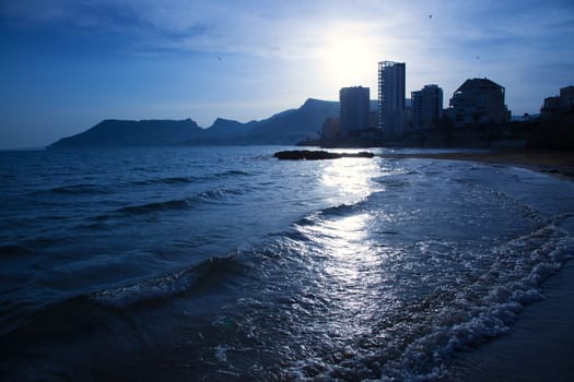 Cantal roig beach in blue sunset at Calpe in Alicante on Valencia province