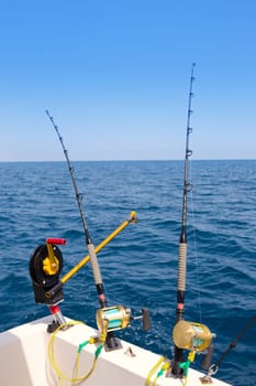 boat trolling fishing gear downrigger and two rods with golden reels