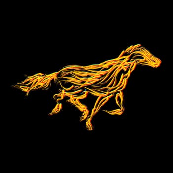 Fiery horse illustration, isolated and grouped objects on black.