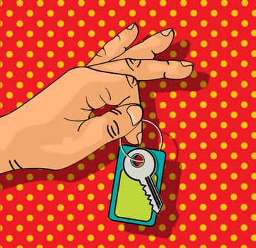 Illustration of a male hand holding keys set. Comic style drawing