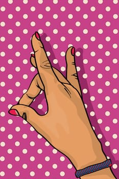 Comic style illustration of a girl left hand raised up.
