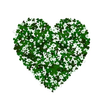 Clover leaves and flowers forming a heart, conceptual graphic for St. Patrick's Day holiday. Isolated and grouped objects over white background