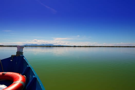 Blue boat sailing in Albufera lake of Valencia in a sunny blue sky day
