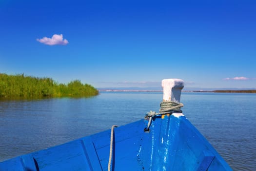 Blue boat sailing in Albufera lake of Valencia in a sunny blue sky day