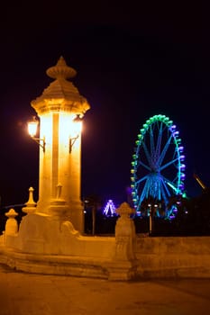City of valencia night bridge Puente del Mar streetlights and ferry wheel