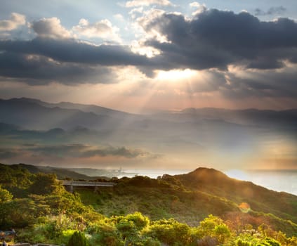 Colorful autumn landscape in the mountains. Sunrise