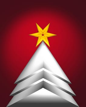 3d metallic texture Christmas tree with yellow star on the top over red background.