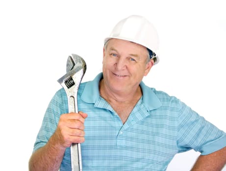 Middle aged construction worker with a large wrench.