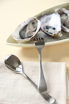 A fresh serving of natural oysters with a chilled lime drink.