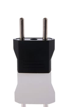 Power plug adapter close up with its reflection isolated on white background. Included clipping path, so you can easily cut it out and place over the top of a design.