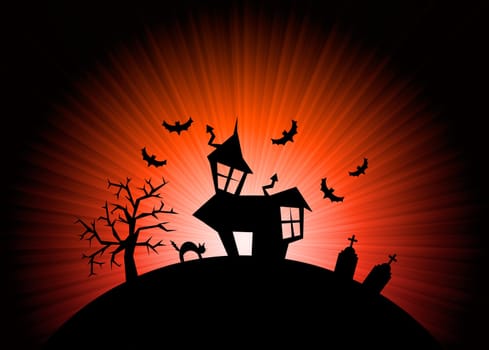 Terror night halloween background with house, cat, tombs and trees.