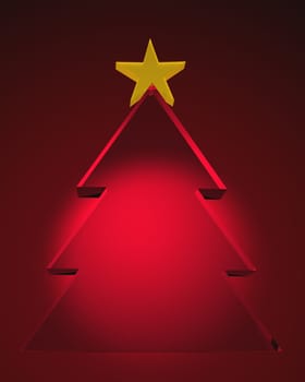 3d glass Christmas tree with yellow star on the top over red background.