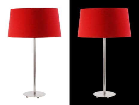 Contemporary metallic and red fabric table lamp isolated on white and black backgrounds. Included clipping path, so you can easily cut it out and place over the top of a design.