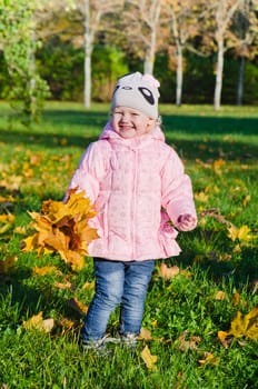 The little girl collects fallen down leaves in autumn park