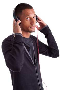 Young african american man listening to music, isolated white background
