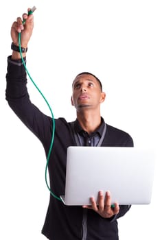 Young african american computer scientist plugin a ethernet cable, isolated on white background