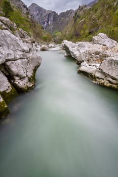 Nalon River, Asturian natural landscape in Spain. With long exposure silky