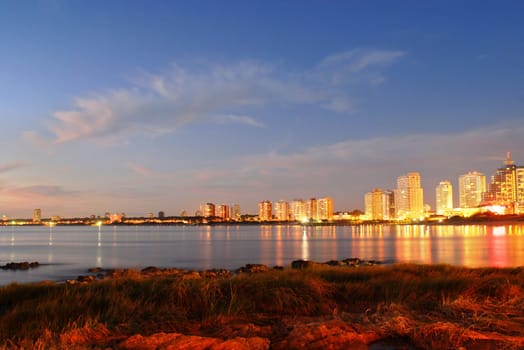 Golden sunset at Punta del Este seashore city. Uruguay.
