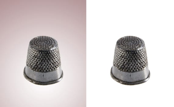 Metal thimbles isolated over white and degraded gray backgrounds. Included clipping path in every object, so you can easily cut it out and place over the top of a design.