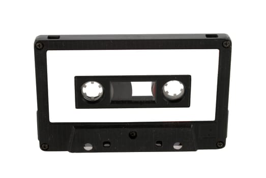 Single black audio cassette and label isolated on white background. Included clipping path for each part, so you can easily cut it out and place over the top of a design.
