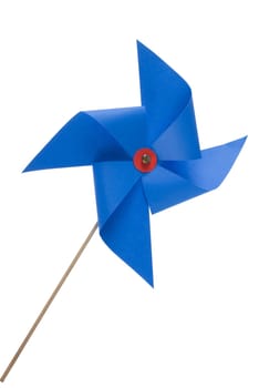 Single blue pinwheel isolated close up on white background. Included clipping path, so you can easily cut it out and place over the top of a design.