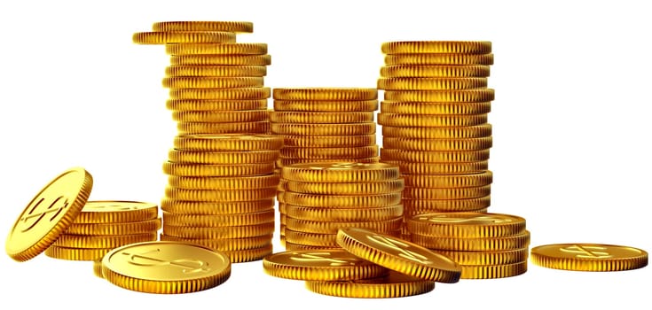 Stacks of golden dollar coins on white background