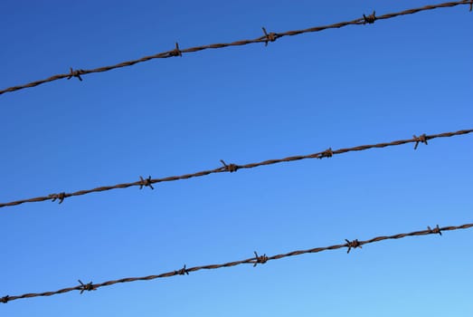 Cut wire fence detail with clear blue sky background.