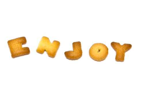 Biscuits letters. word "ENJOY"" on white background. isolated"
