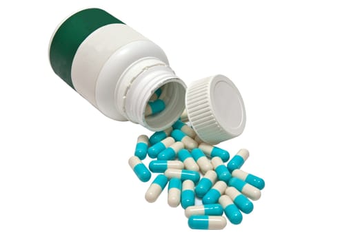 Drug Capsule in Medicine Bottle on a white background.