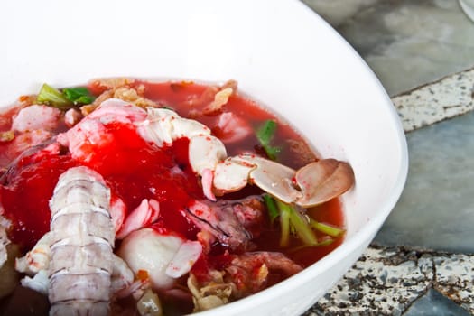yong tau foo, asia noodles style with shrimp, crab tofu and morning glory.