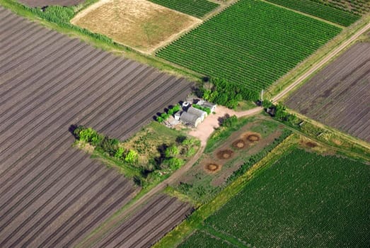 Aerial view of green countryhouse in Uruguay.