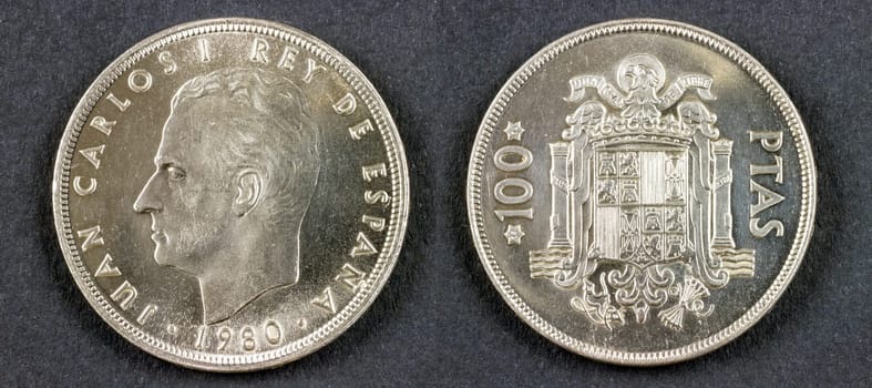 Ancient coin King Juan Carlos I, a hundred pesetas. Eagle Shield