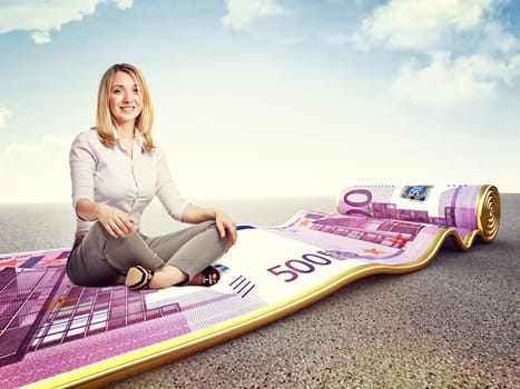 smiling woman and 3d image of rolling euro carpet