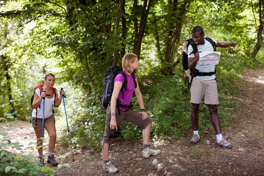 group of man and women during hiking excursion in woods, with woman looking at map and finding direction. Full length