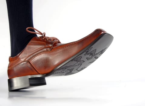 Shoe of a businessman with determined step. Wide angle