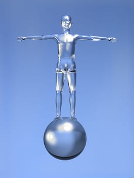 Glassy 3d man with open arms over a glass sphere on blue background.